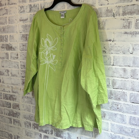 Alexandra Bartlett Women's Size 3X Lime Green Embroidered 100% Linen Top Coastal - Picture 2 of 9